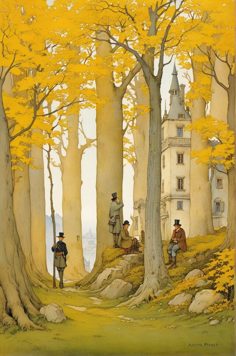Autumn Scene with Trees, Men in Top Hats, and Building