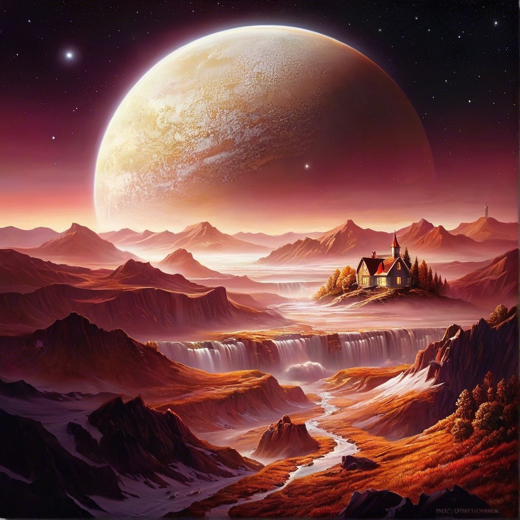Alien Landscape with Waterfall and Quaint House