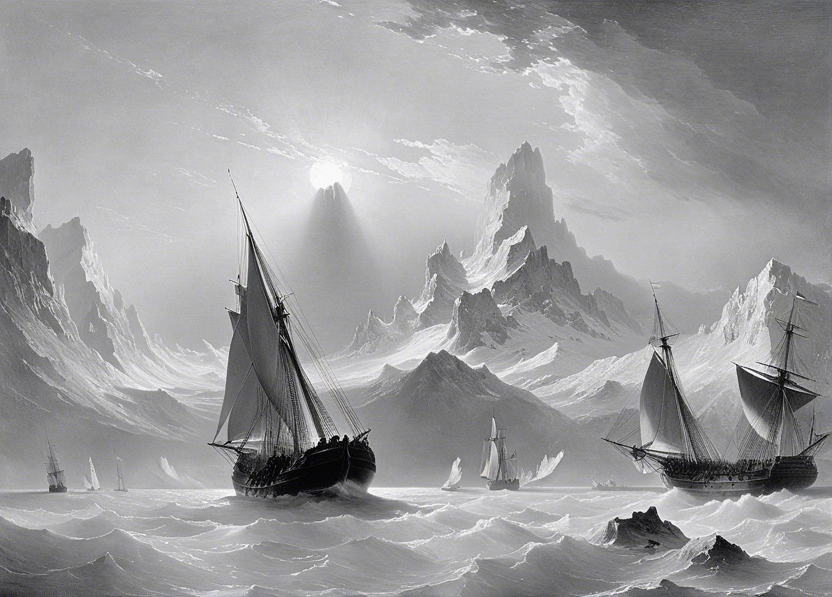 Sailing Ships in Tranquil Waters with Mountain Backdrop