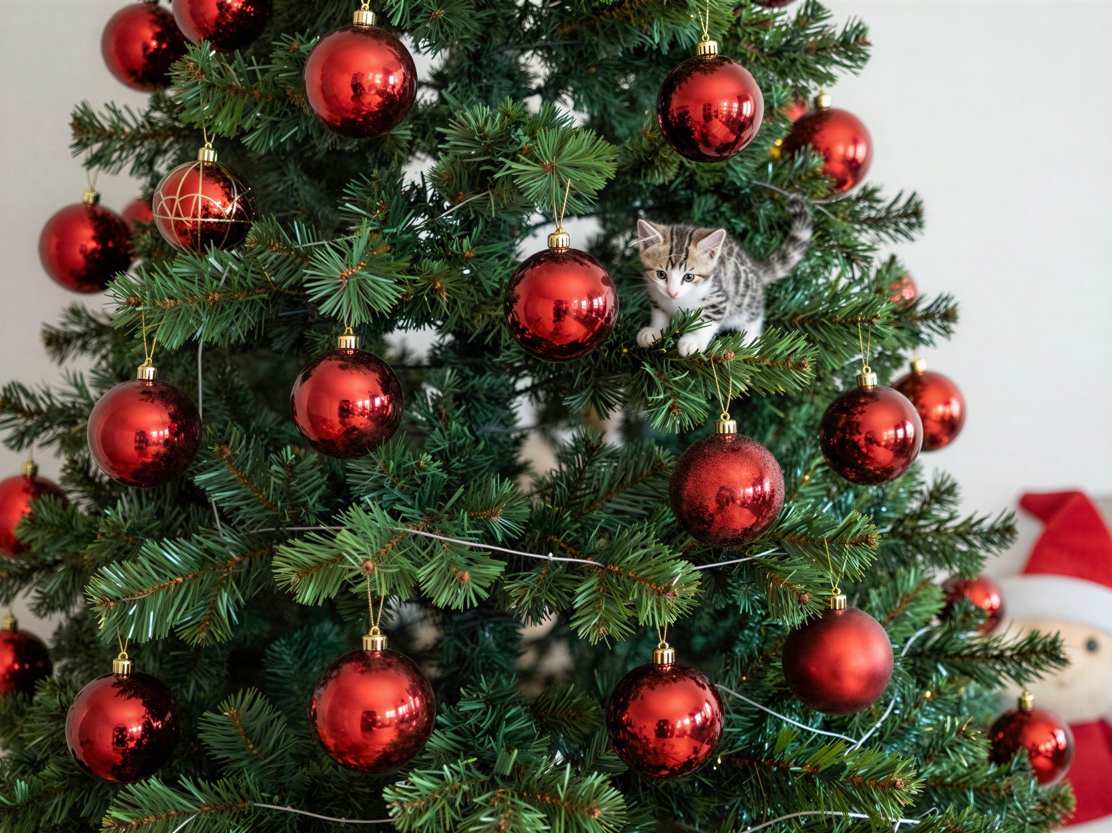 Christmas Tree with Red Ornaments and Kitten