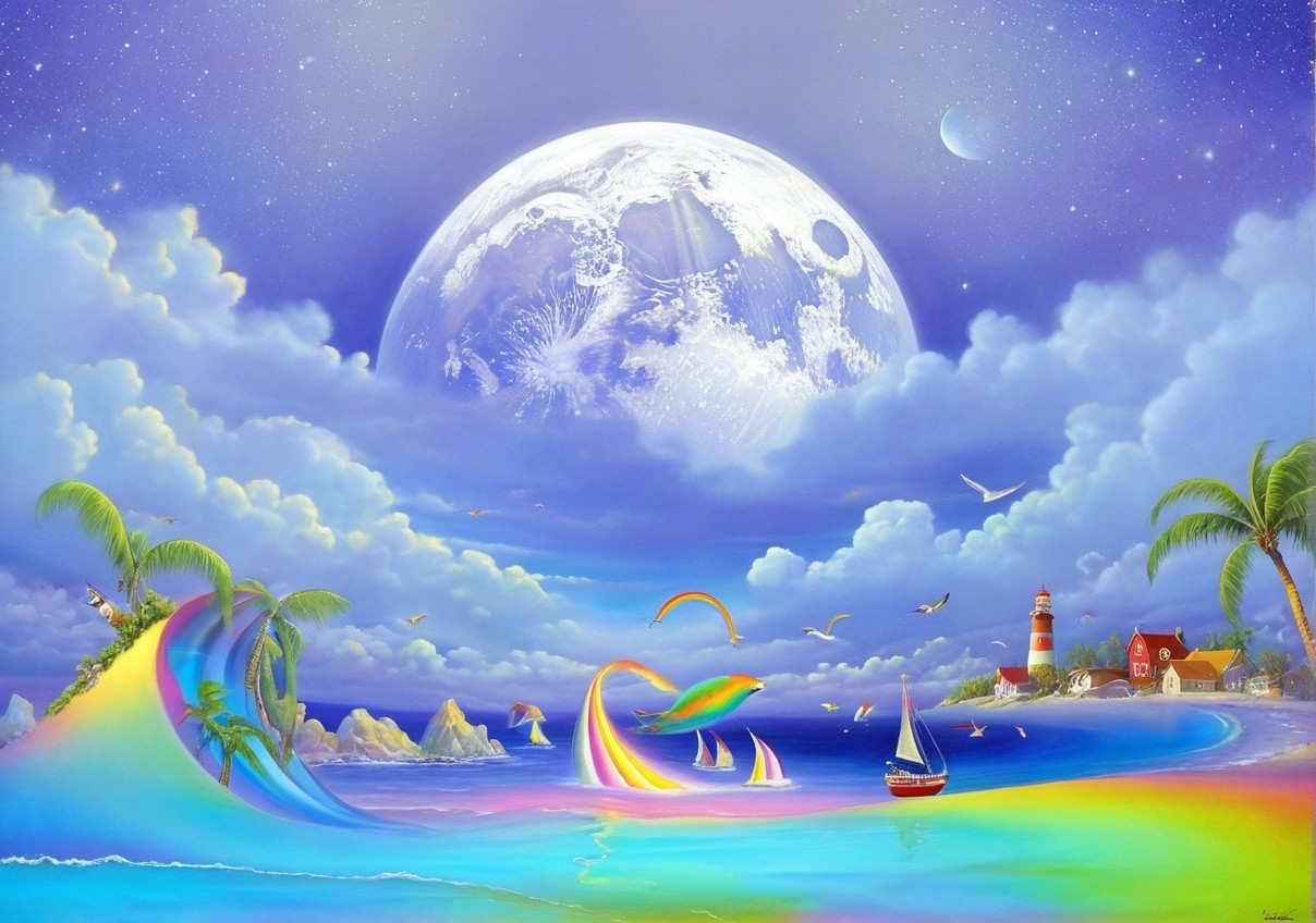 Vibrant Seascape with Moonlit Ocean and Sailboats
