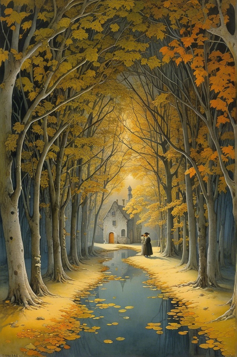 Autumn Pathway with Trees and Stone Cottage