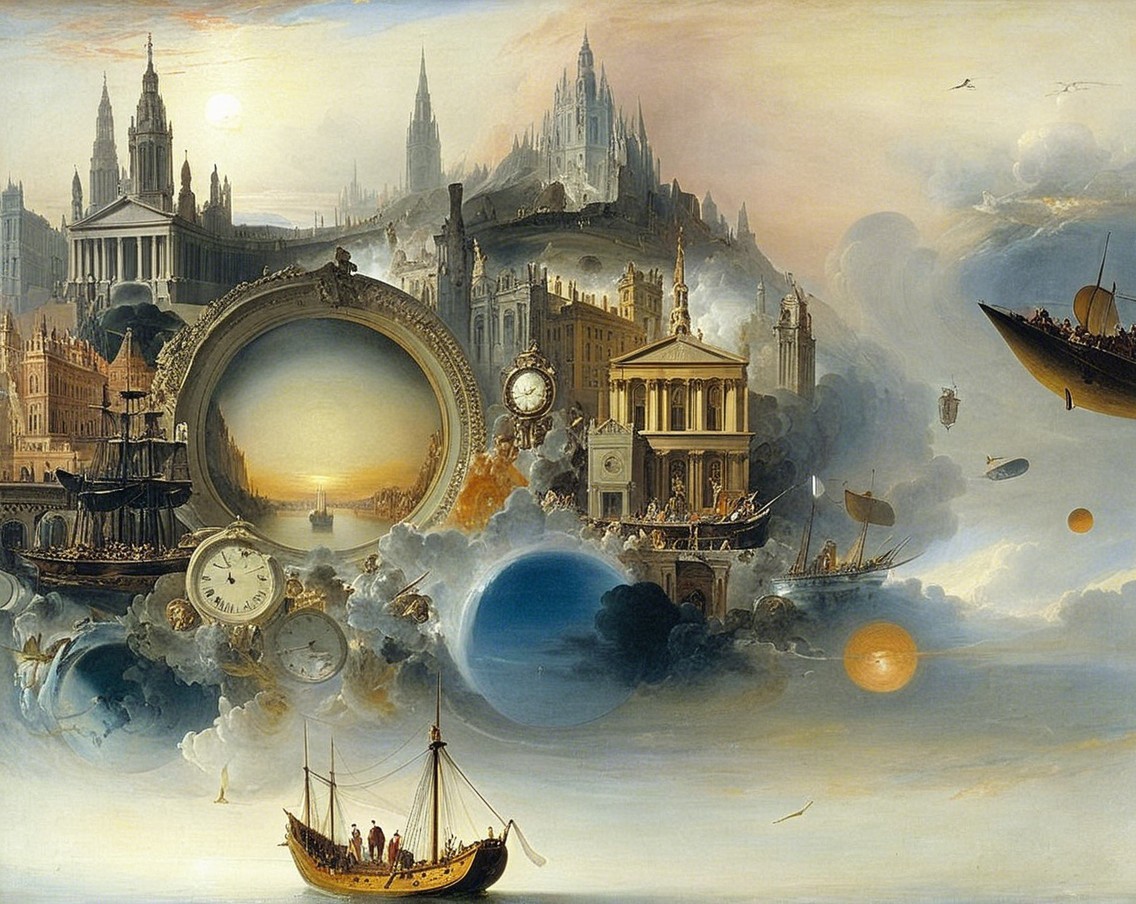 Surreal Landscape with Architecture and Celestial Elements