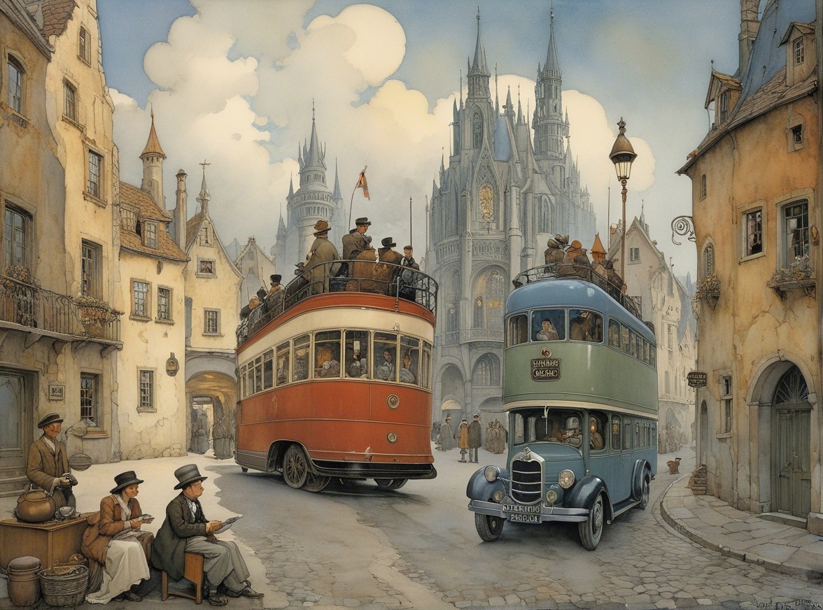Vintage Buses in Quaint Town Square Scene