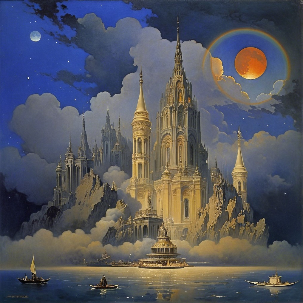 Ethereal castle under blood-red moon and misty mountains