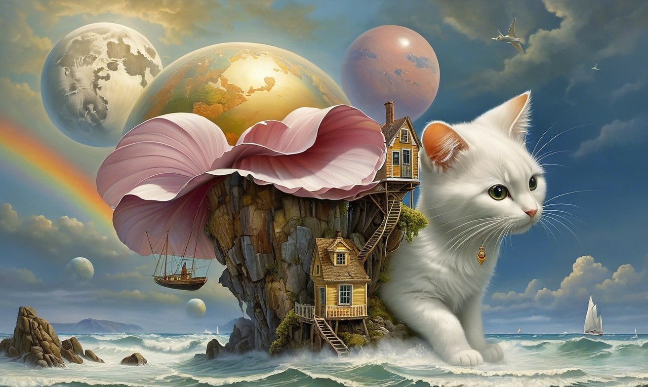 Giant Cat and Seashell Structure in Surreal Landscape