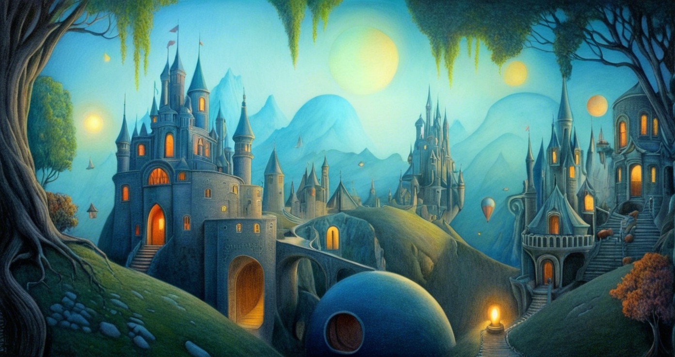 Whimsical Landscape with Castles and Hot Air Balloons