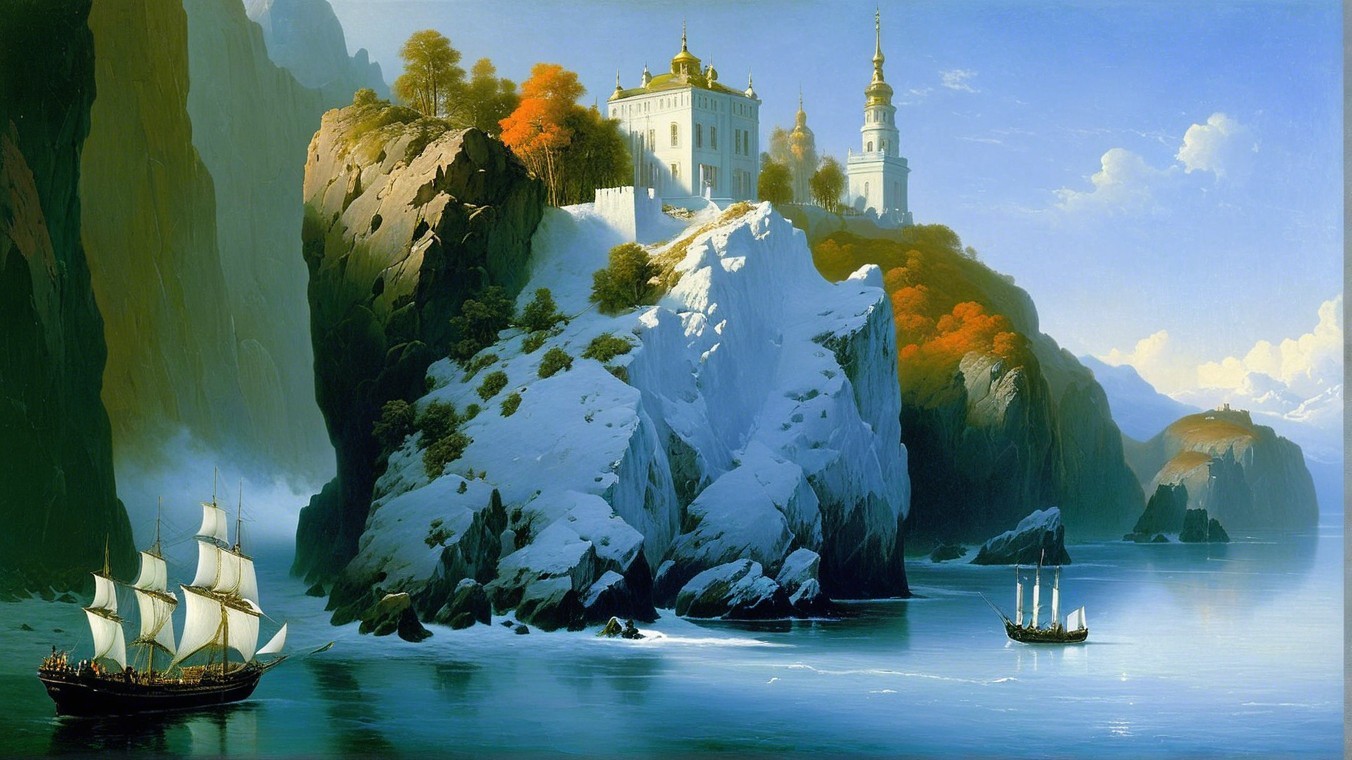 Coastal Landscape with Cliffs, Temple, and Sailing Ships