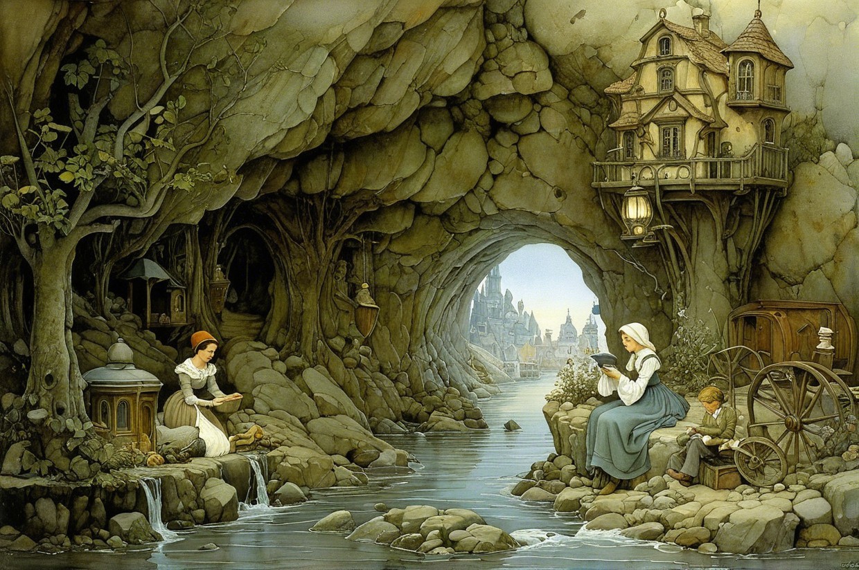 Women and child in whimsical cave by gentle stream