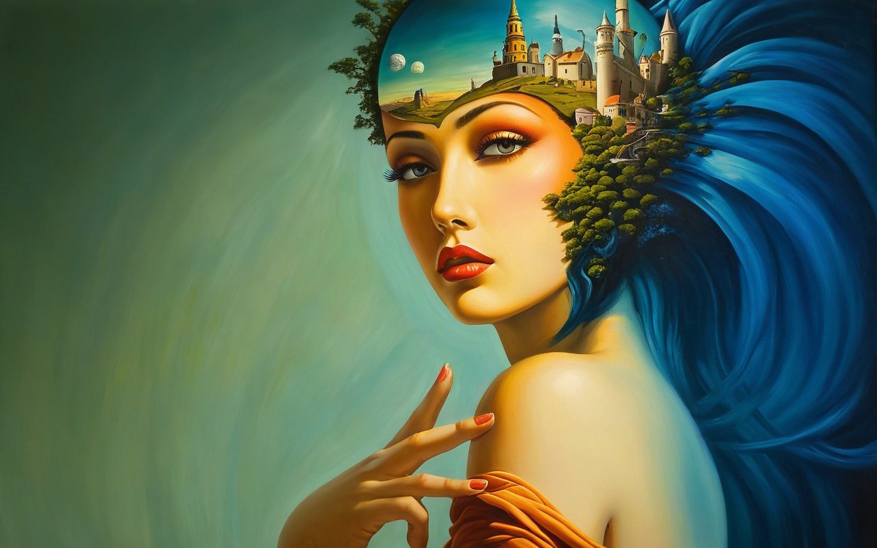 Surreal Portrait of a Woman with Vibrant Blue Hair