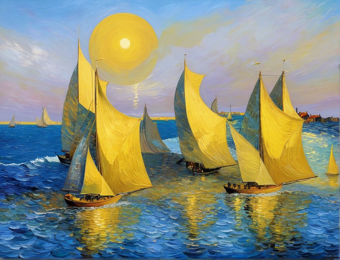 Vibrant Seascape with Sailboats and Golden Sunlight