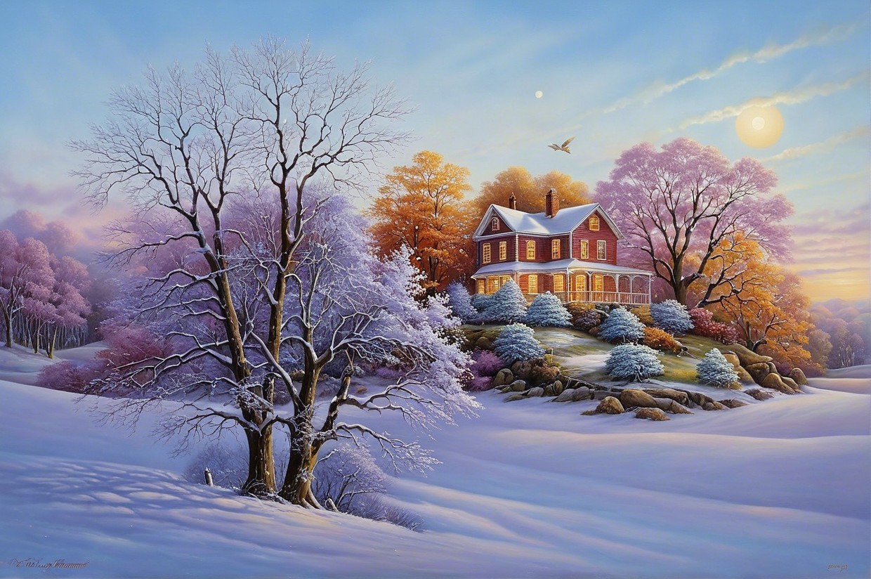 Serene Winter Landscape with Red House and Frosted Trees