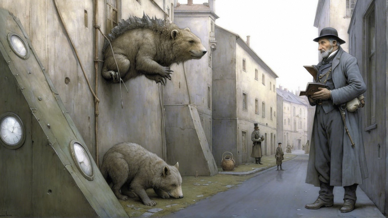 Surreal Street Scene with Scholar and Towering Bears