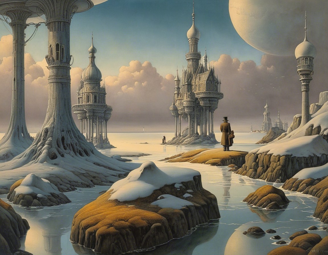 Surreal Landscape with Ornate Structures and Icy Rocks