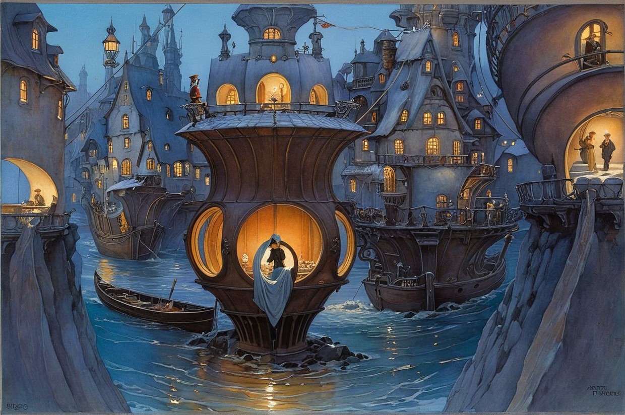 Whimsical Townscape at Dusk with Glowing Windows