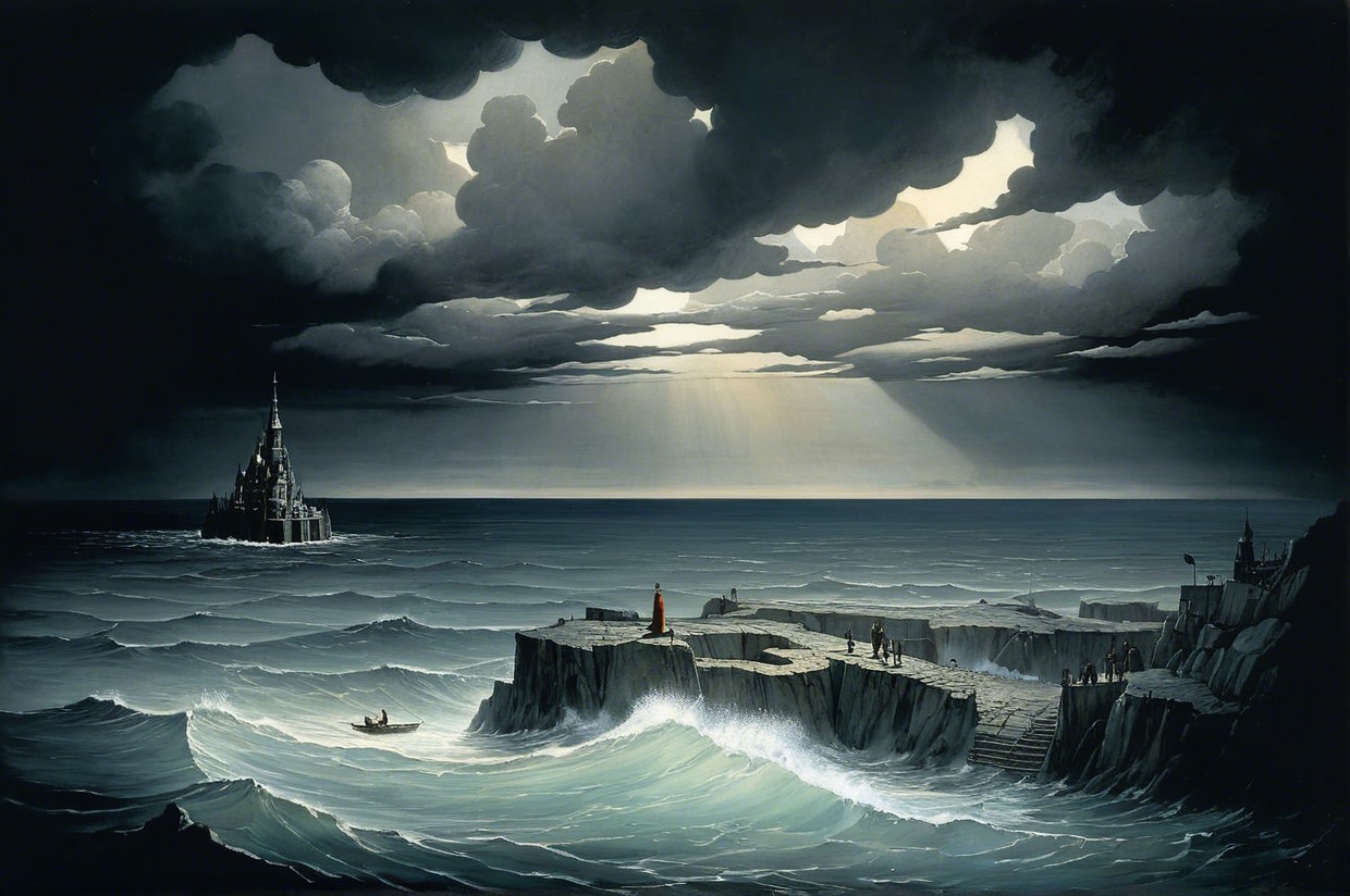 Dramatic Seascape with Rugged Shore and Castle Structure