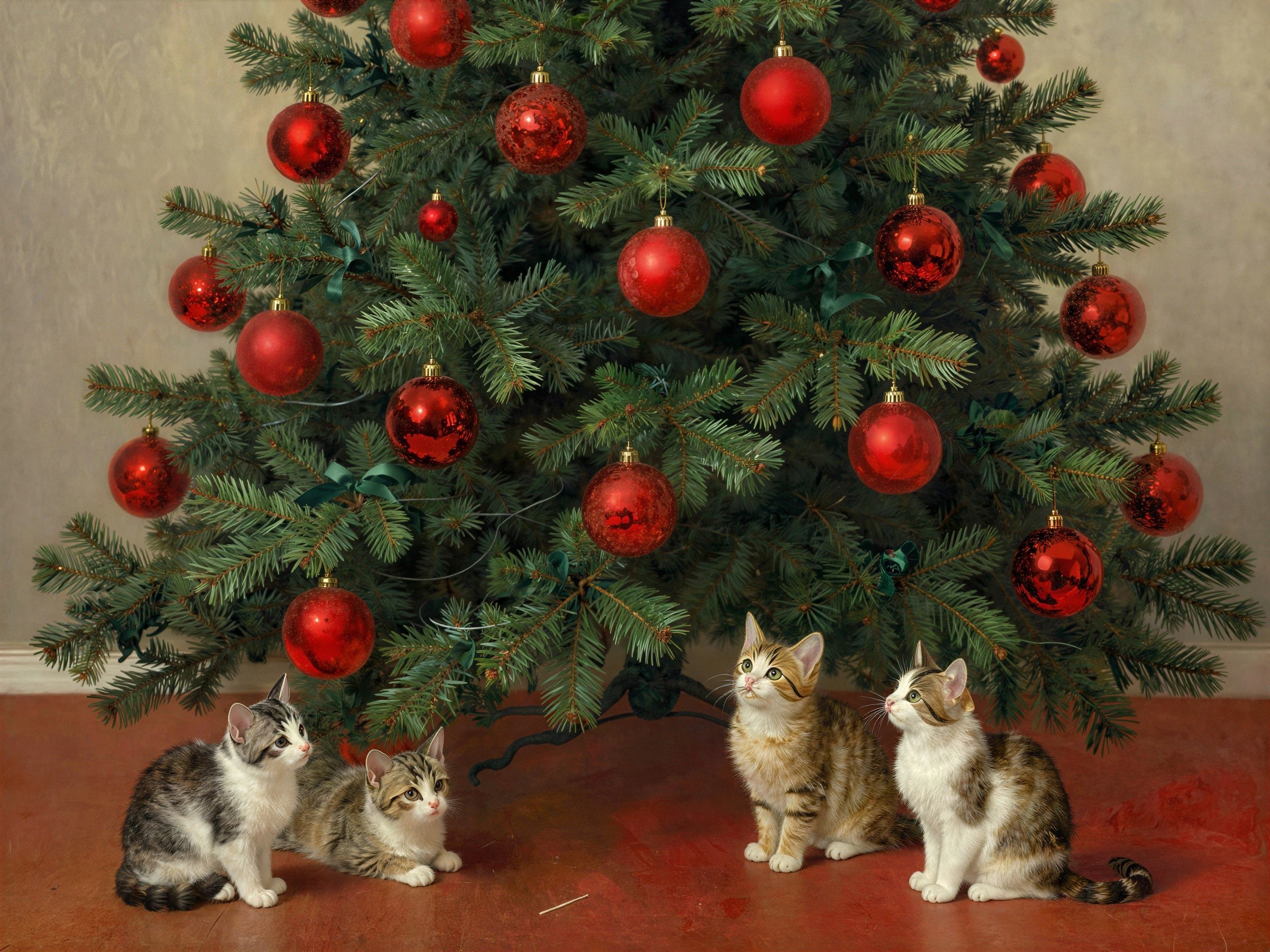 Kittens by a Christmas tree with red ornaments and bows