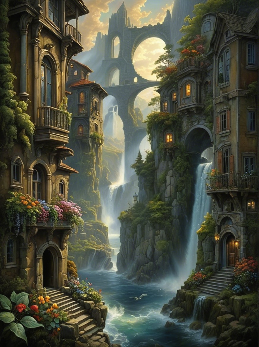 Serene Fantasy Landscape with River and Waterfalls