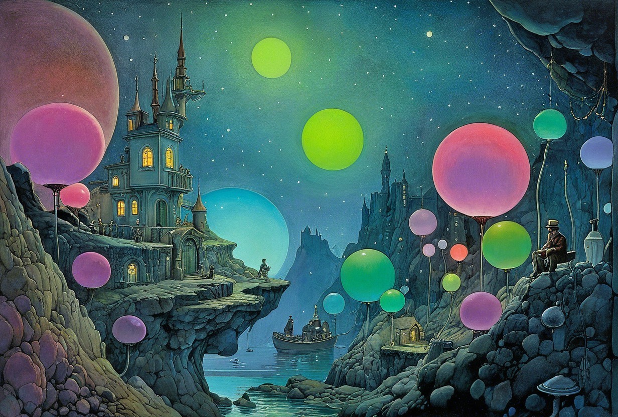 Dreamy Landscape with Whimsical Castle and Bubbles
