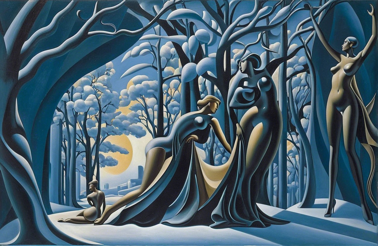 Surreal Winter Landscape with Feminine Figures