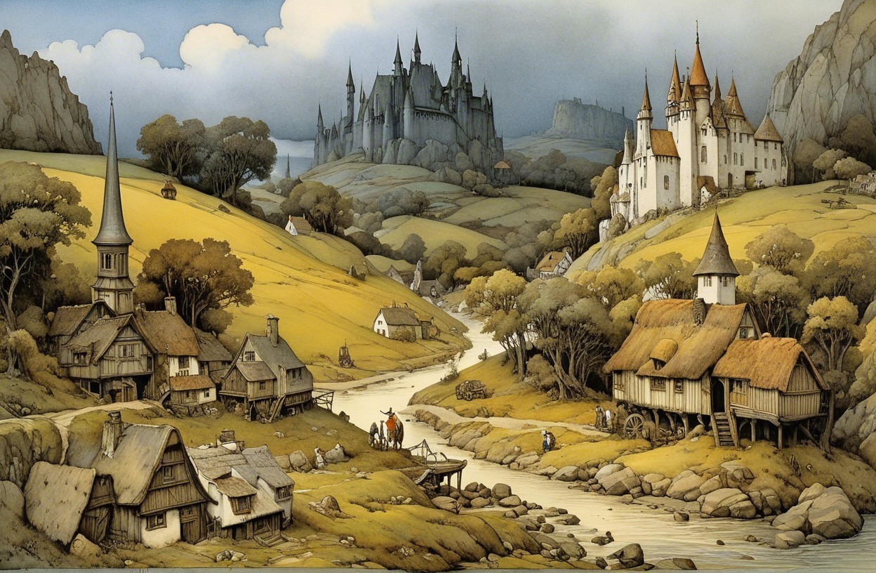 Whimsical Landscape with River and Quaint Village