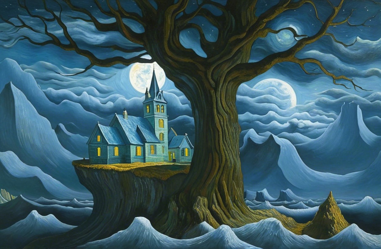 Surreal Landscape with Gnarled Tree and Two Moons