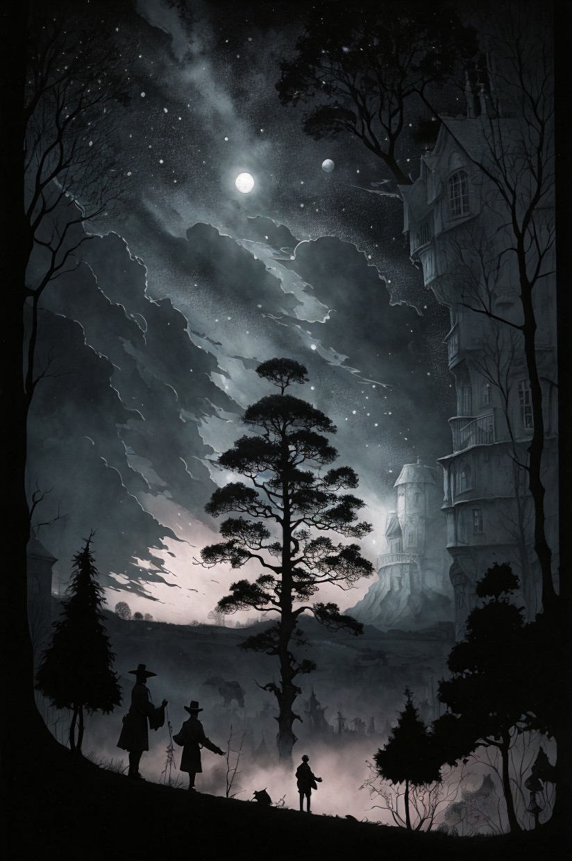 Silhouettes Before a Mysterious Mansion Under Moonlight