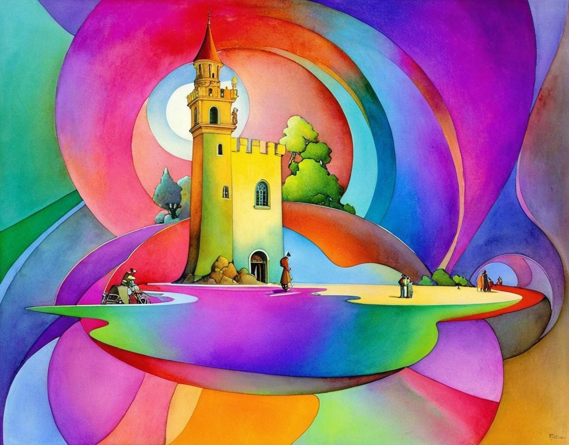 Whimsical Landscape with Colorful Tower and Water