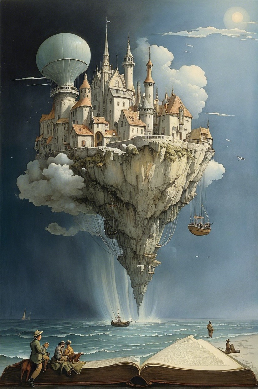 Whimsical Floating Island City Above Calm Sea