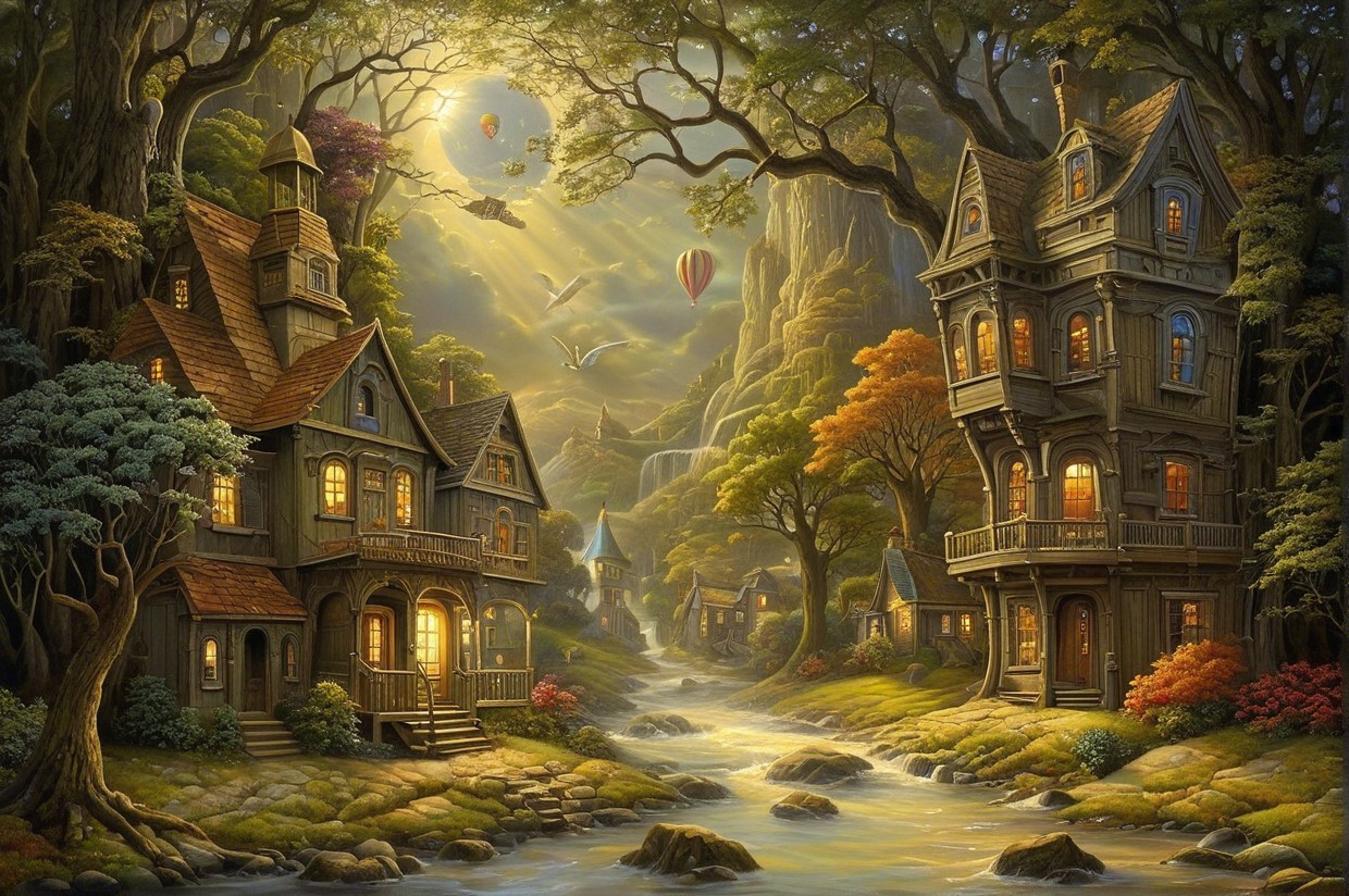 Whimsical Landscape with Wooden Houses and Balloons