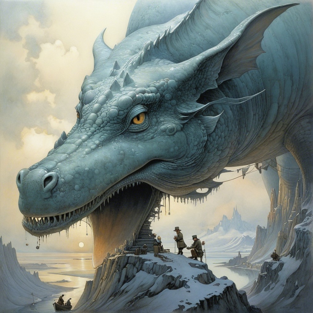 Majestic blue dragon in a rocky, icy landscape