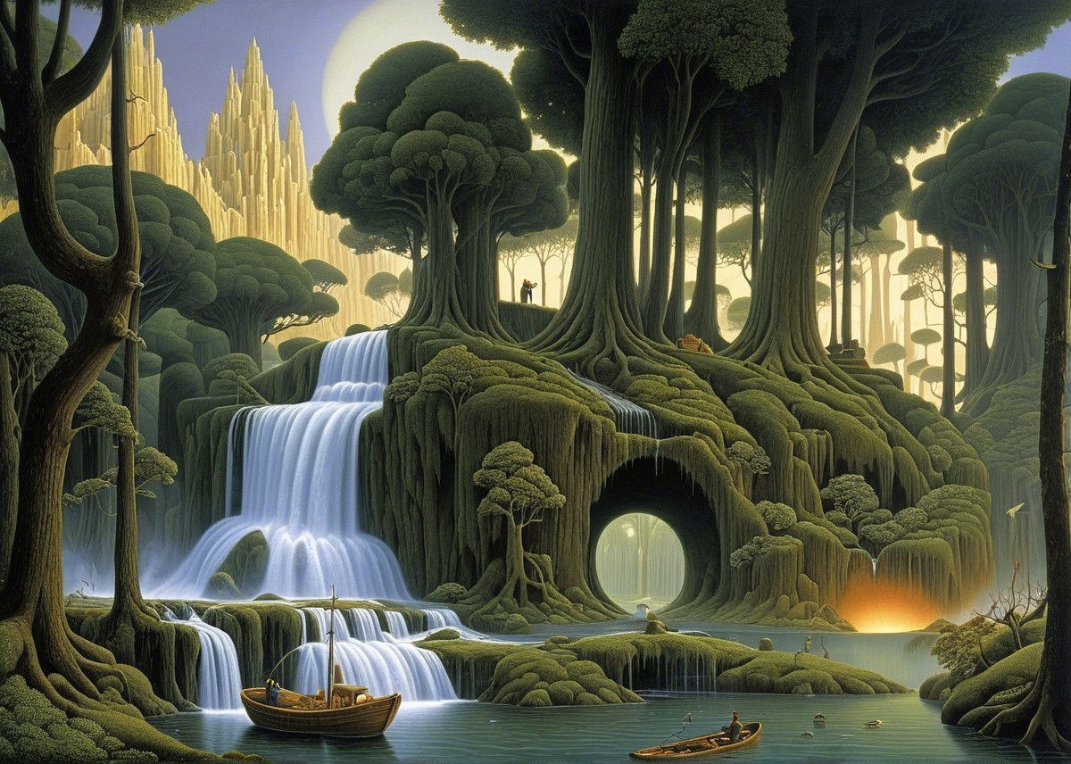 Serene Fantasy Landscape with Waterfalls and Castle