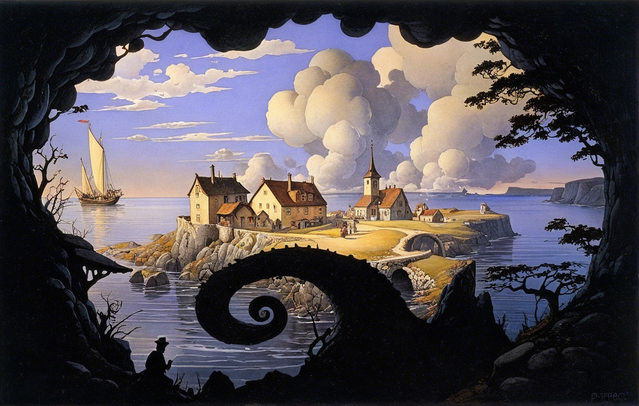 Coastal Village with Mythical Creature and Sailboat