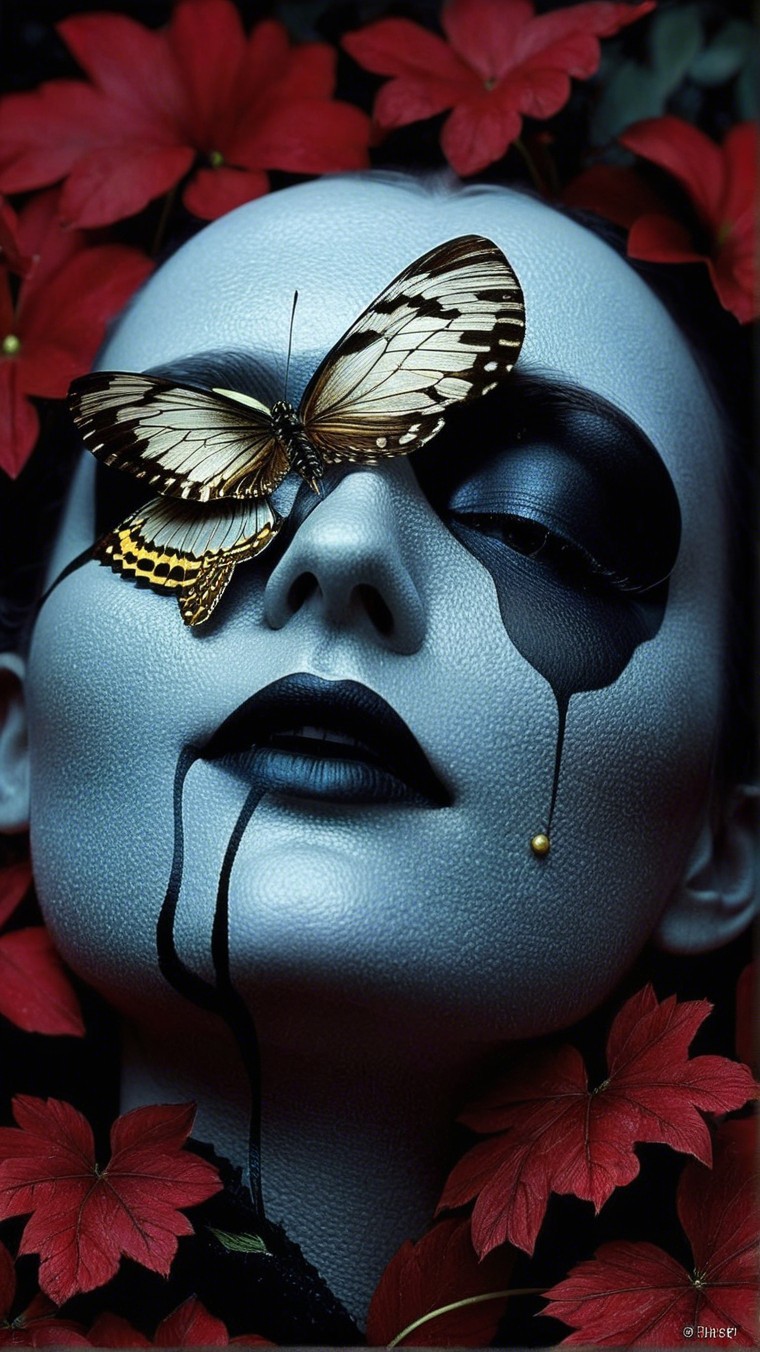 Ethereal figure with dramatic makeup and butterfly adornment