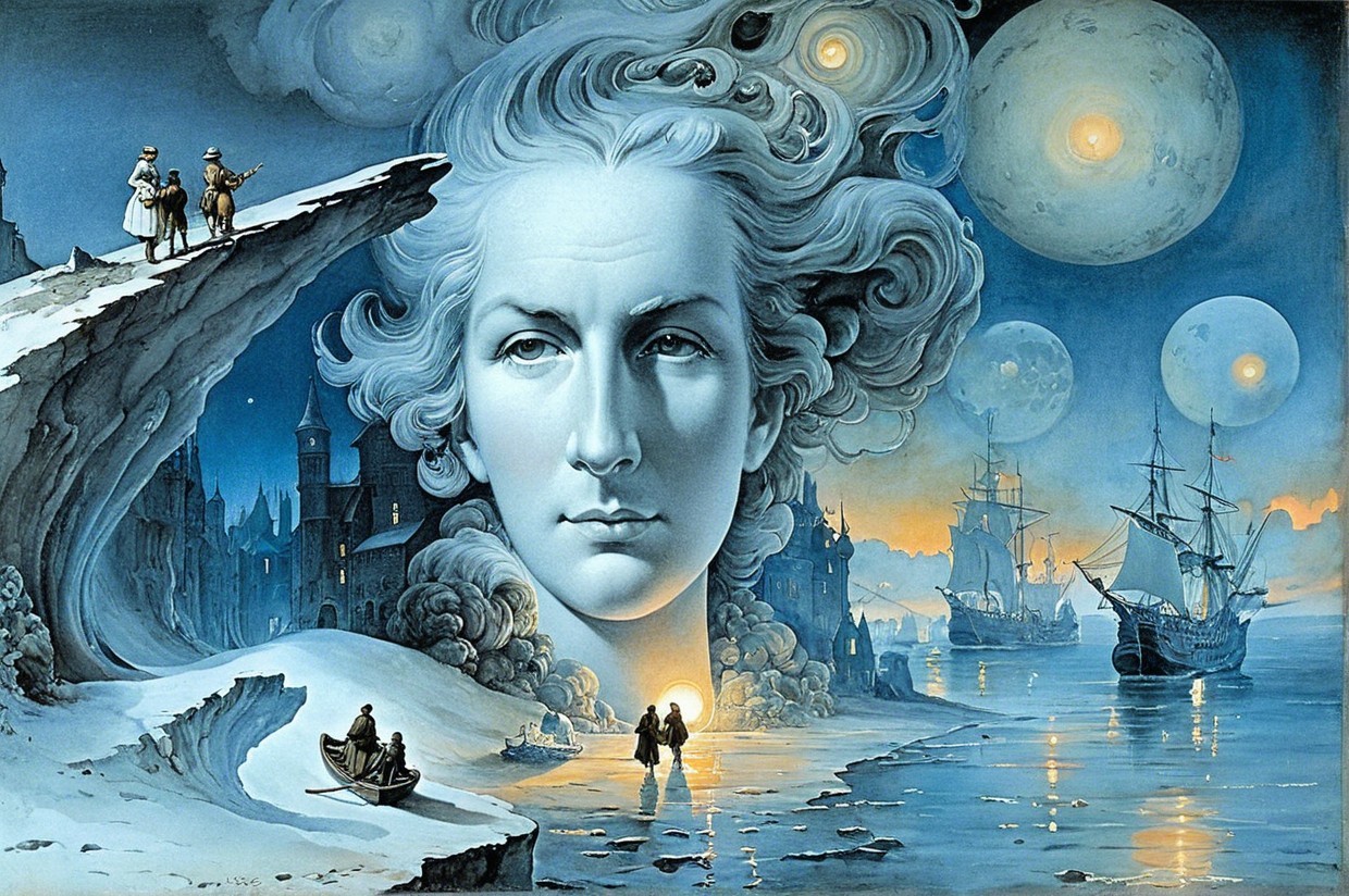 Surreal Landscape with Ethereal Face and Night Sky
