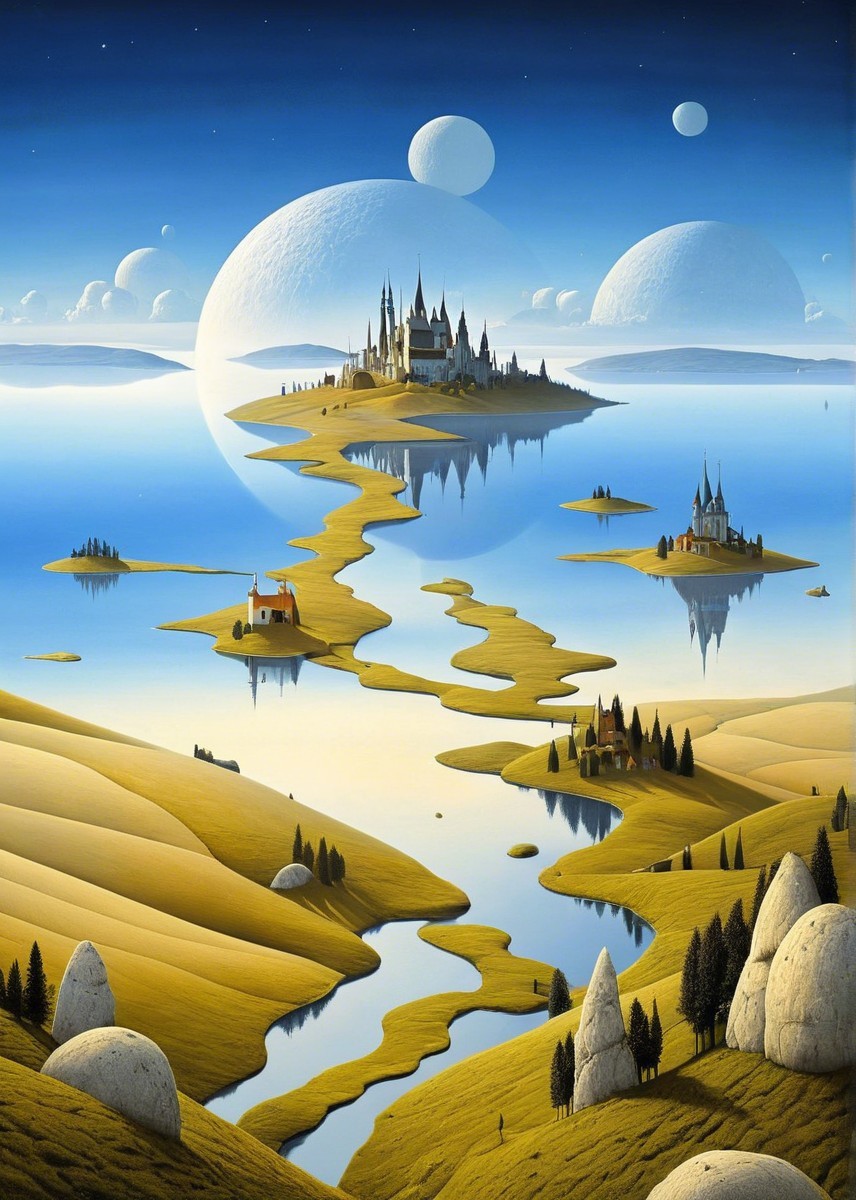 Surreal Landscape with Castle and Two Moons