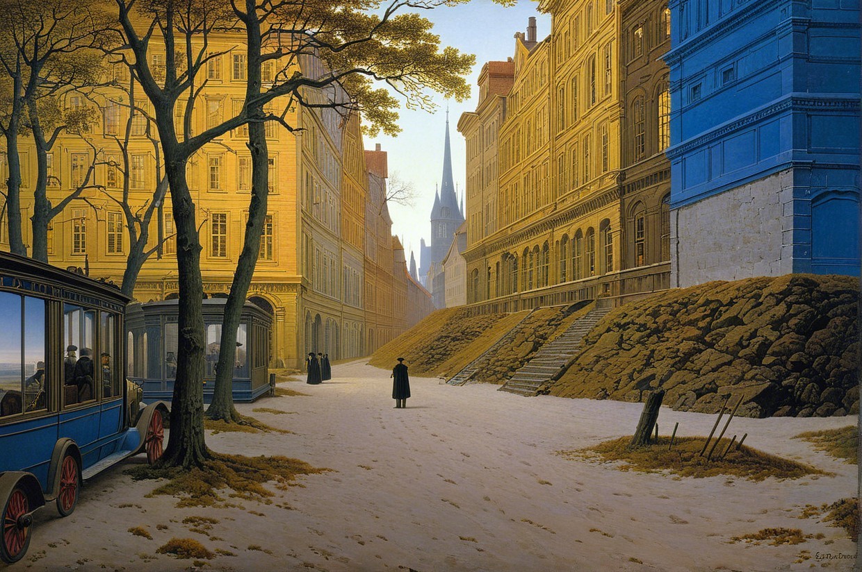 Serene Narrow Street with Elegant Architecture and Tram