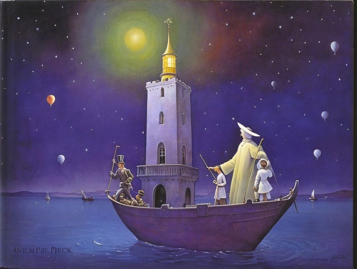 Victorian Figures in Boat Near Moonlit Tower