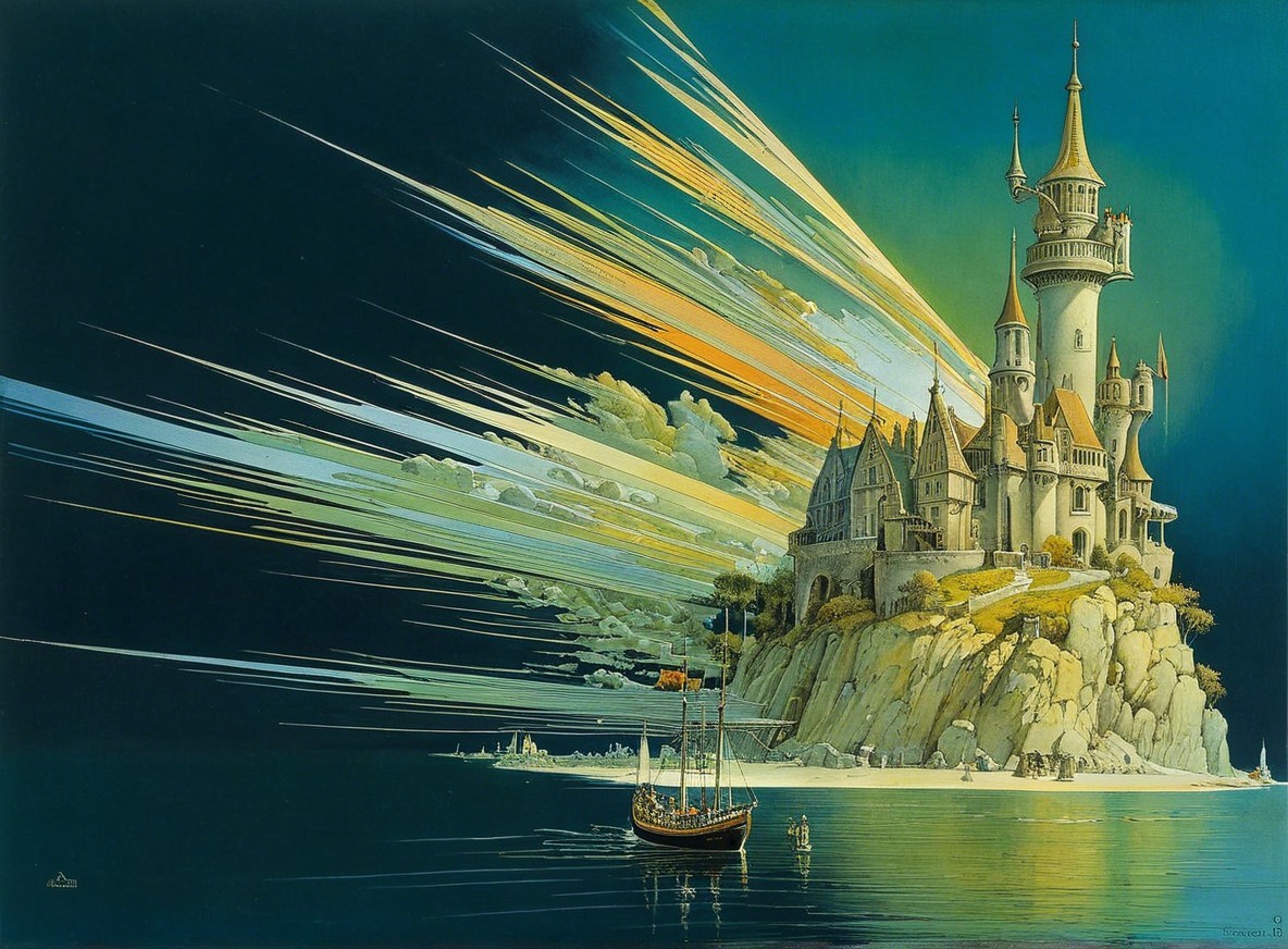 Majestic Castle on Rocky Island at Twilight