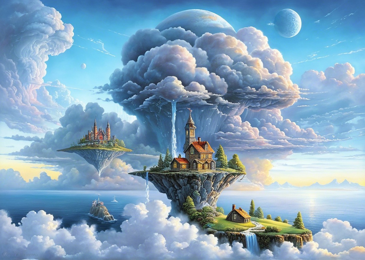 Surreal Landscape with Floating Islands and Castles