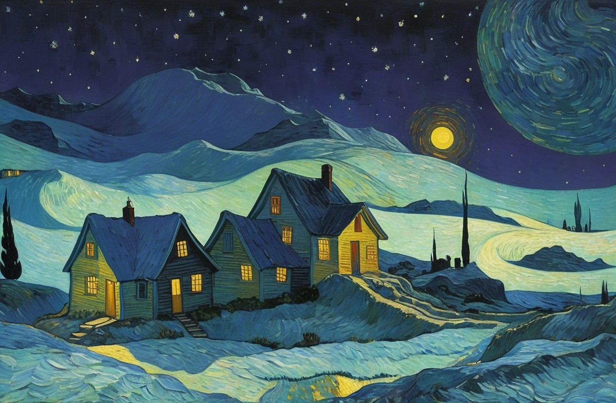Serene night landscape with cozy illuminated houses