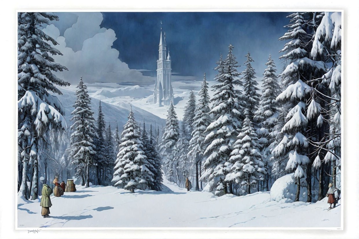 Winter Landscape with Snowy Forest and Castle Structure