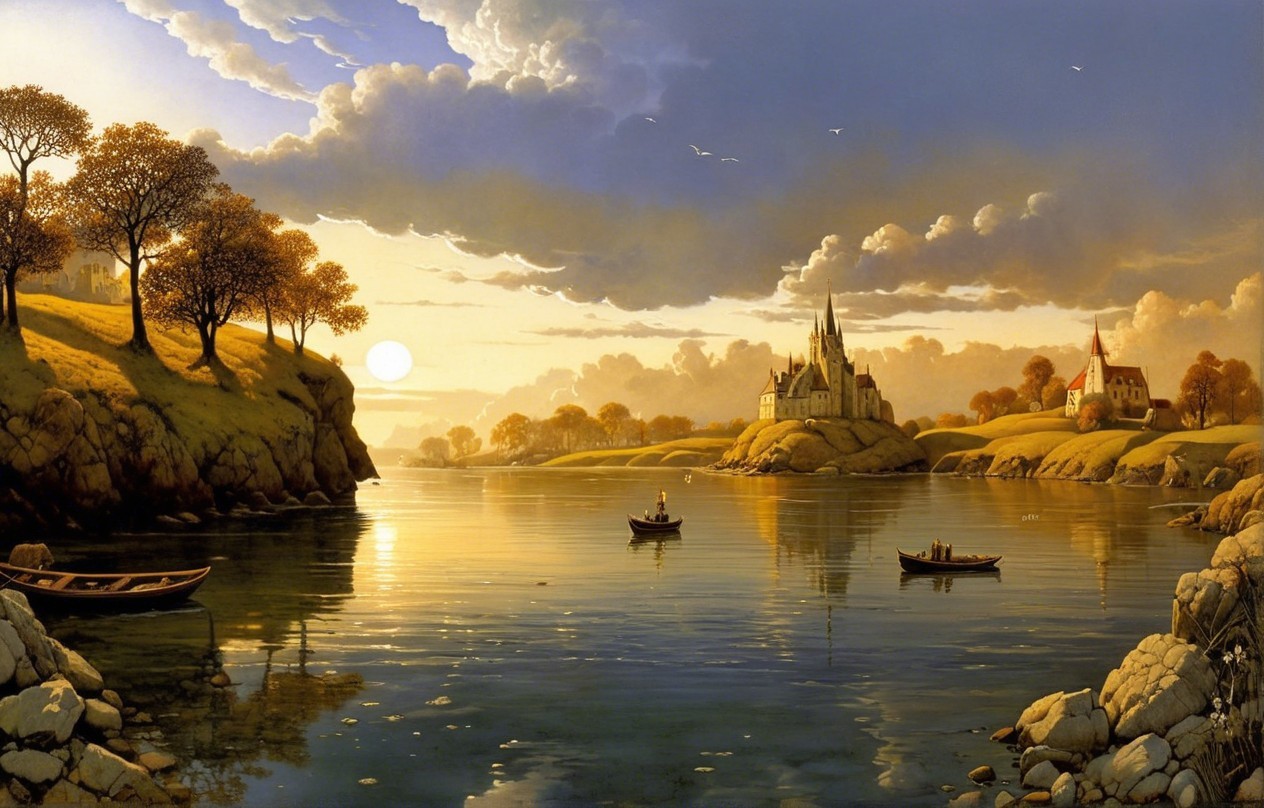 Serene River Landscape with Castle and Lush Trees