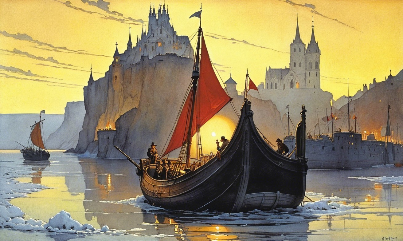 Twilight Scene of Castle and Ships on Calm Waters