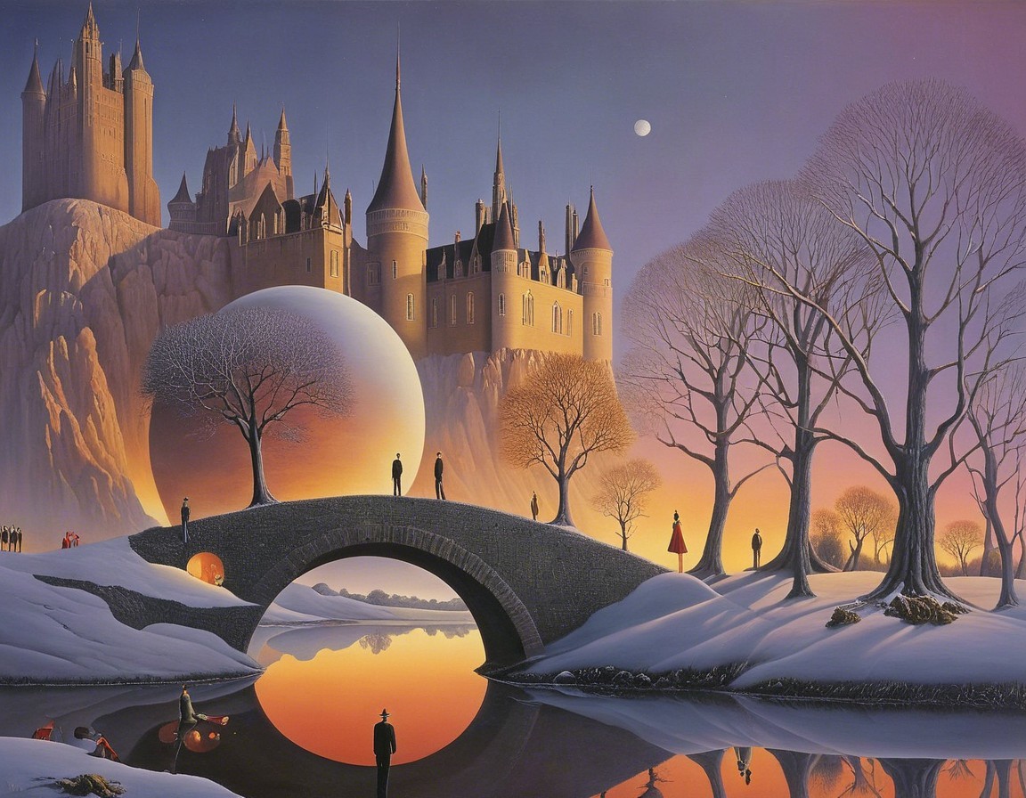 Majestic castle in a snowy, twilight landscape