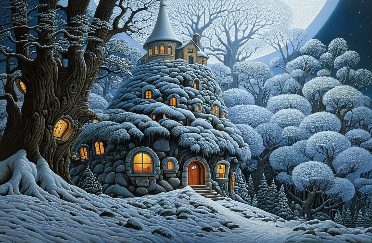 Whimsical Snow-Covered Cottage in Winter Landscape