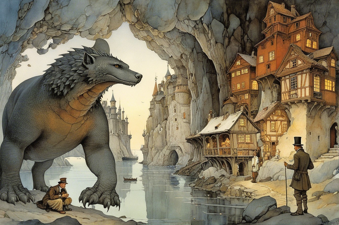 Giant Wolf-Like Creature in Cavern with European Houses