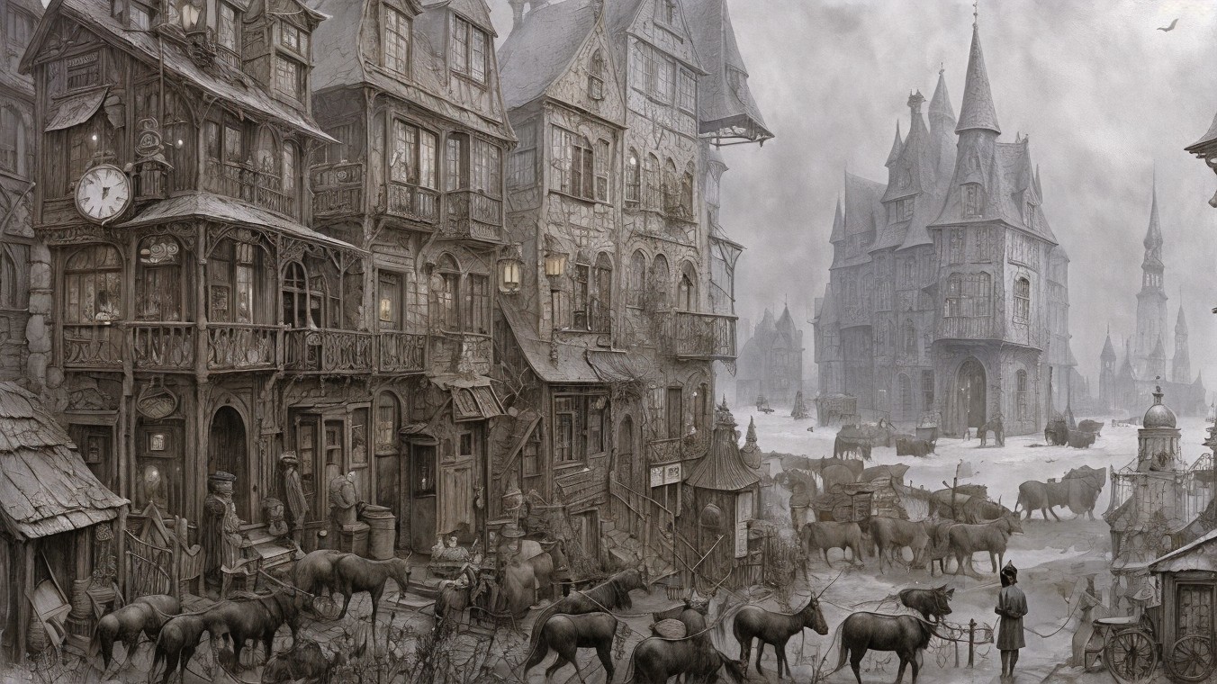 Medieval Town Scene with Fog and Wooden Buildings