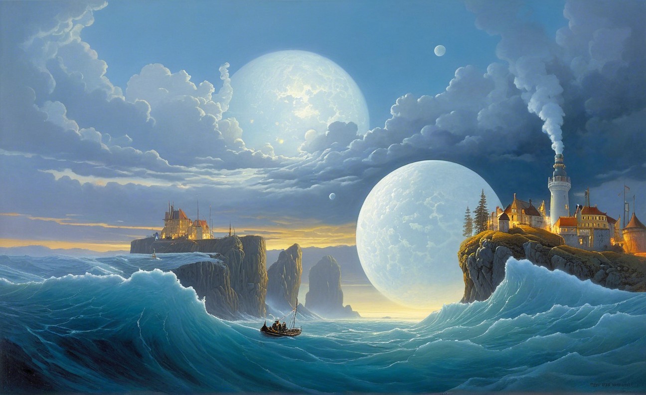 Imaginative Landscape with Moons and Dramatic Sky
