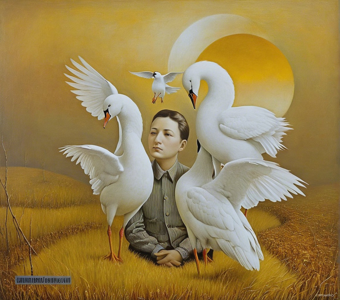 Surreal Oil Painting of Boy with Swans in Golden Field